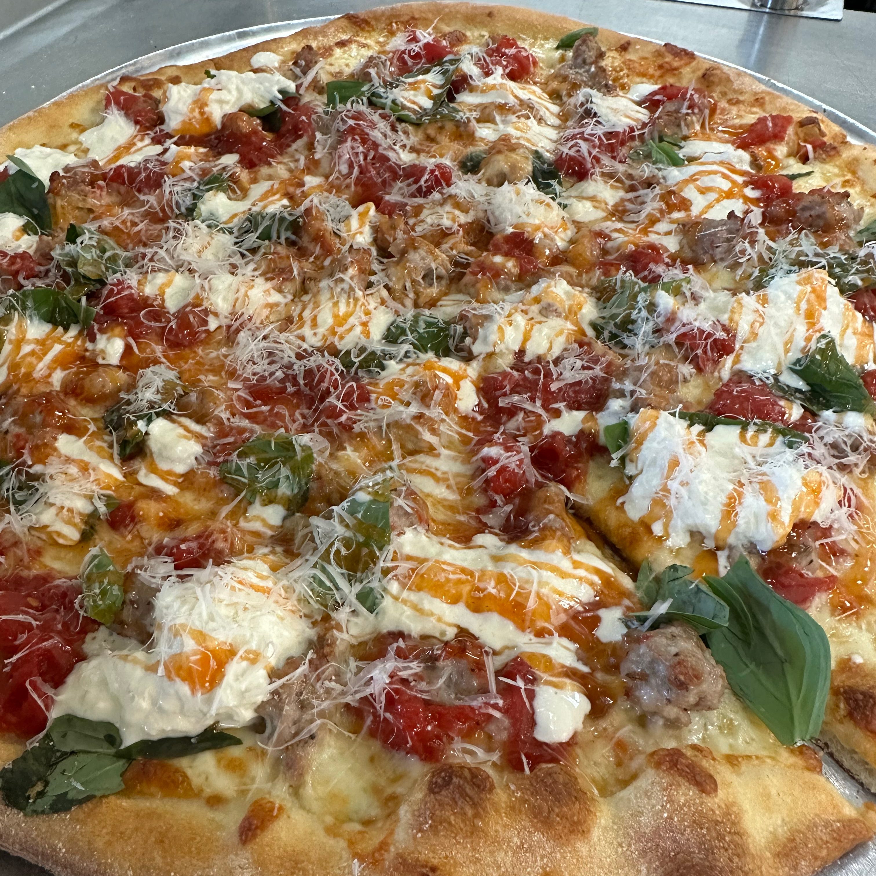 Hot Honey Burrata Chicken Pizza.