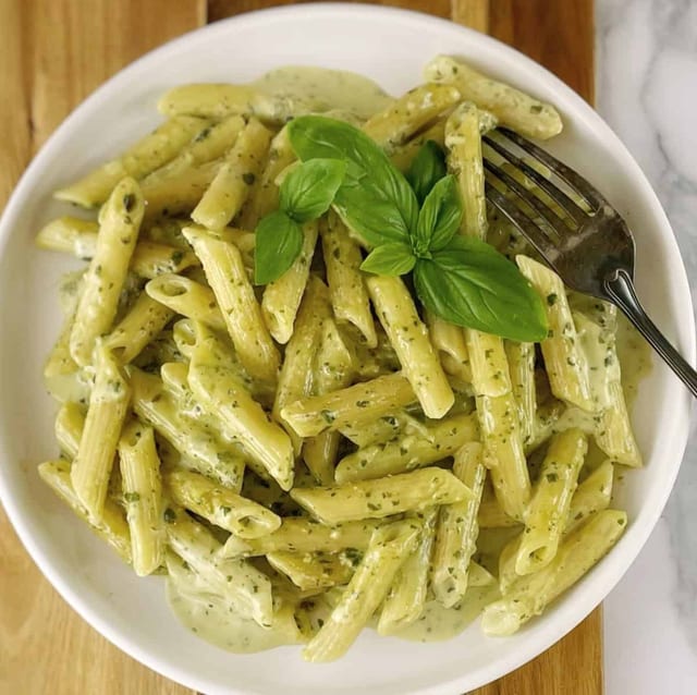 Pasta with Pesto Creme Sauce.