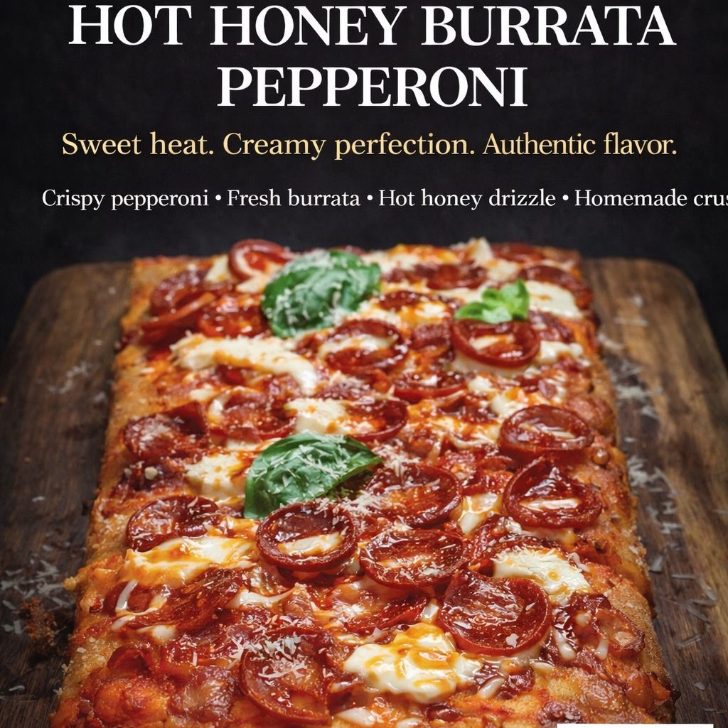 Hot Honey Pepperoni Burrata Cheese Basil and Fresh Pecorino Romano Cheese.