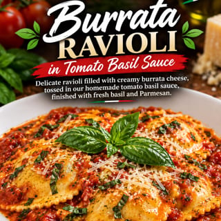 Burrata Pesto Ravioli In Tomato Basil creme Sauce topped with burrata