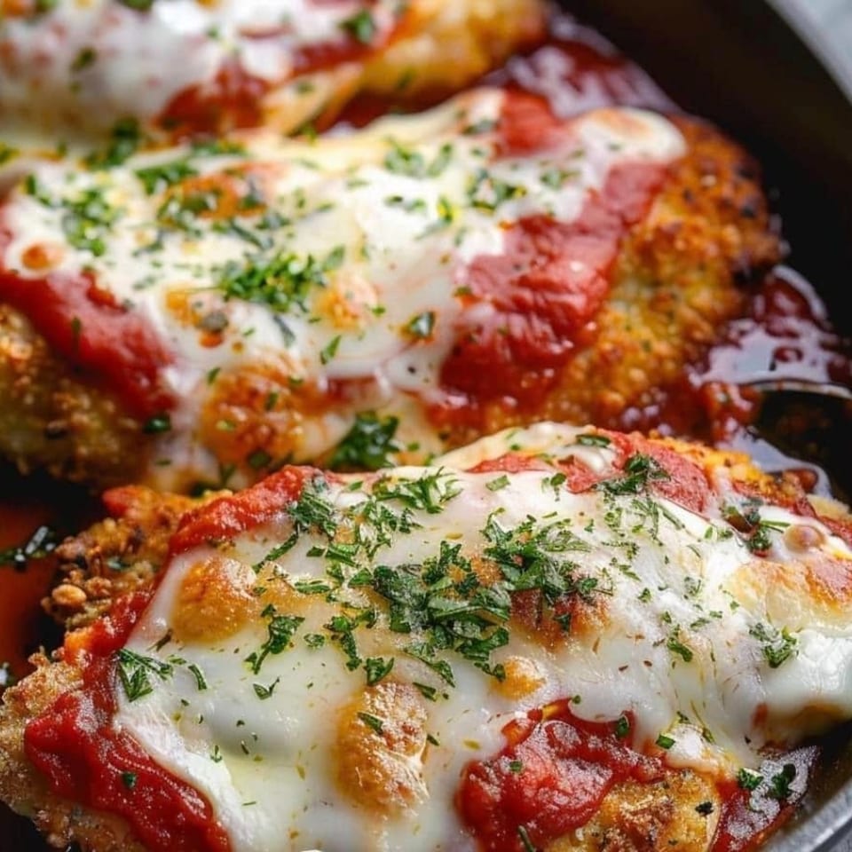 Close-up of chicken parmesan with melted mozzarella, red sauce, and fresh parsley.